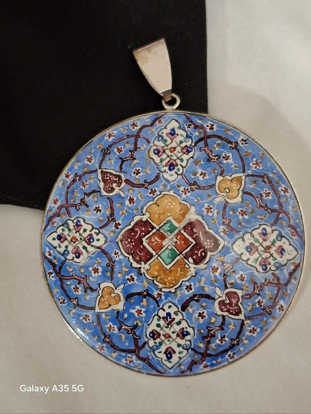 Persian enamel painted large silver medallion pendant